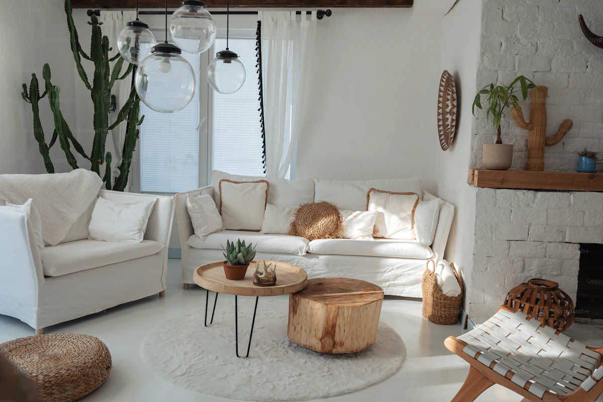 Salón de alquiler decorado con cuadros, plantas y luz cálida