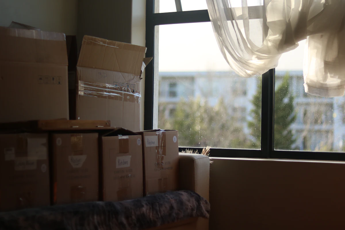Habitación con cajas de mudanza