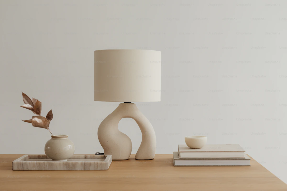 Lámpara de mesa encendida con luz cálida en un dormitorio