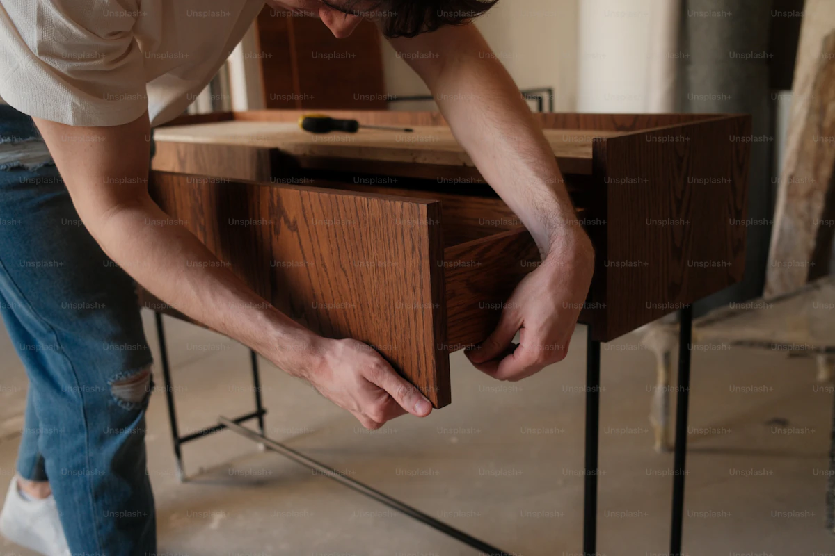 Piezas de un mueble de montaje y herramientas sobre el suelo