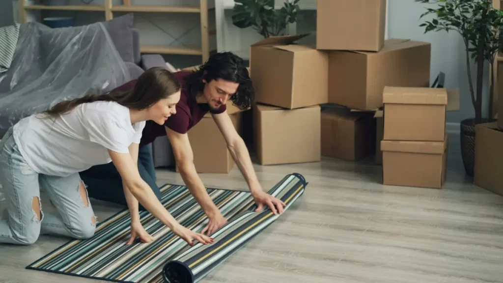 Pareja desenrollando una alfombra entre cajas de mudanza